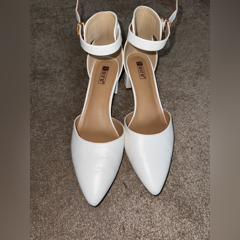 White Ankle Strap Pointed Toe Heels